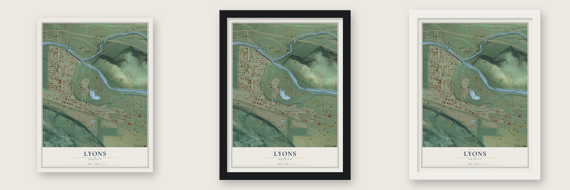Lyons, Oregon map unframed, in a black wood frame and in a white wood frame