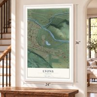 Lyons, Oregon map, 24 x 36 inch print in a white frame by a staircase