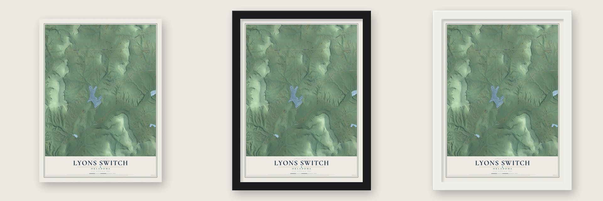 Lyons Switch, Oklahoma map unframed, in a black wood frame and in a white wood frame