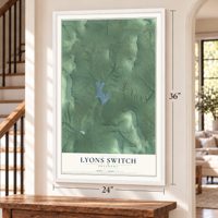 Lyons Switch, Oklahoma map, 24 x 36 inch print in a white frame by a staircase