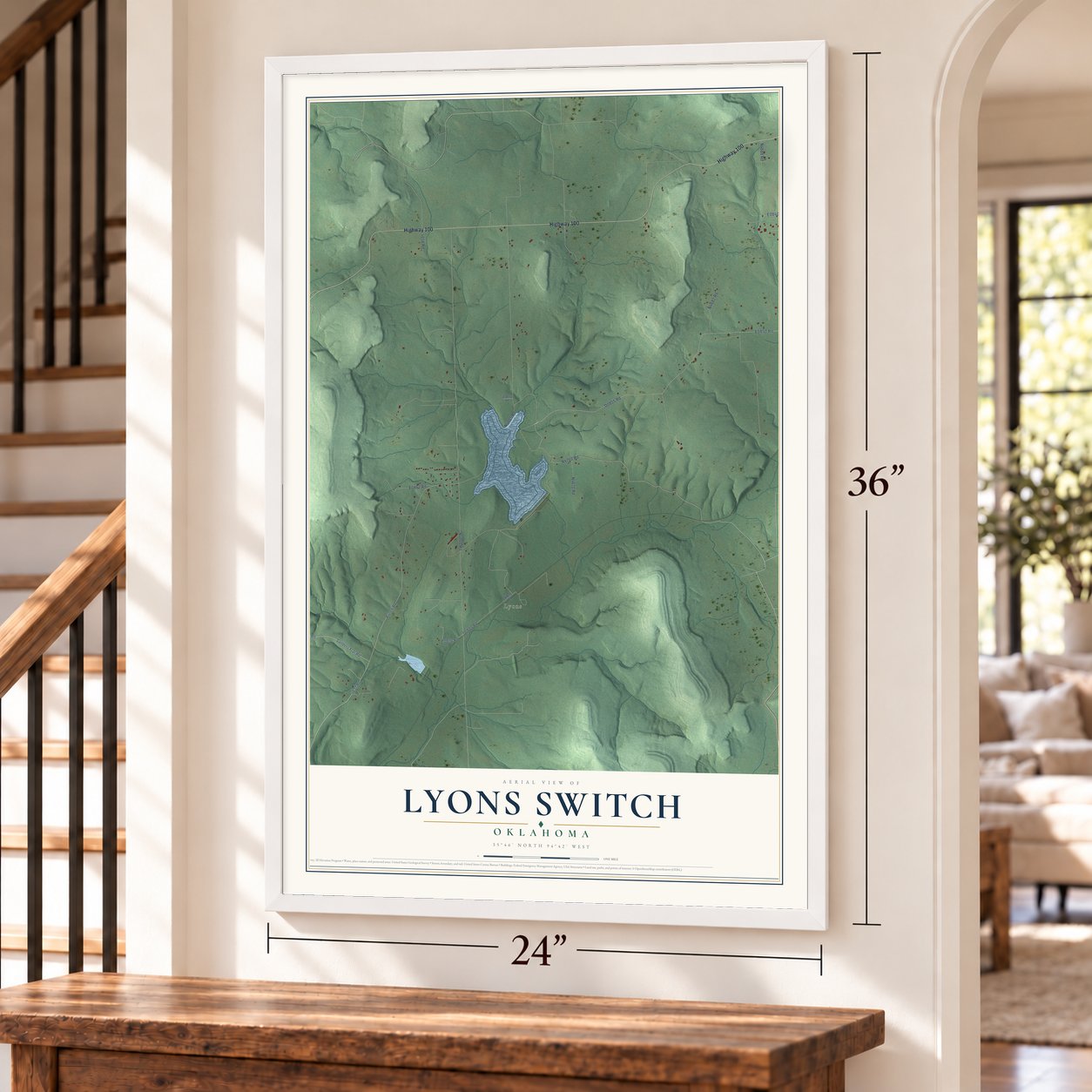 Lyons Switch, Oklahoma map, 24 x 36 inch print in a white frame by a staircase