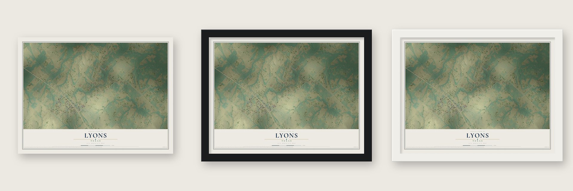Lyons, Texas map unframed, in a black wood frame and in a white wood frame