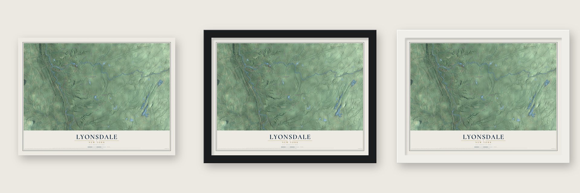 Lyonsdale, New York map unframed, in a black wood frame and in a white wood frame