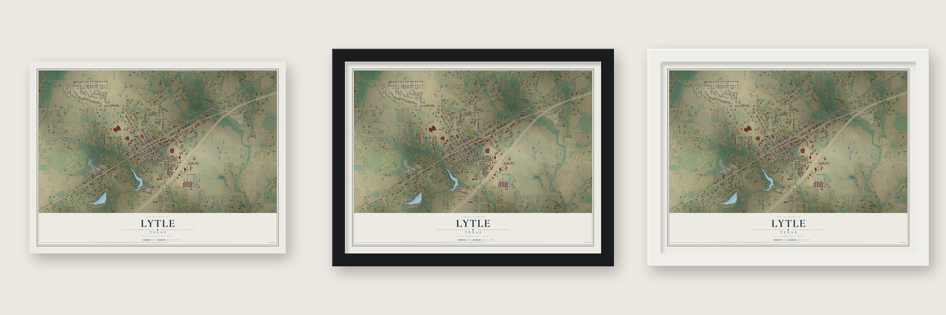 Lytle, Texas map unframed, in a black wood frame and in a white wood frame