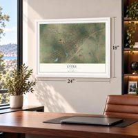 Lytle, Texas map, 18 x 24 inch print in a white frame in a home office