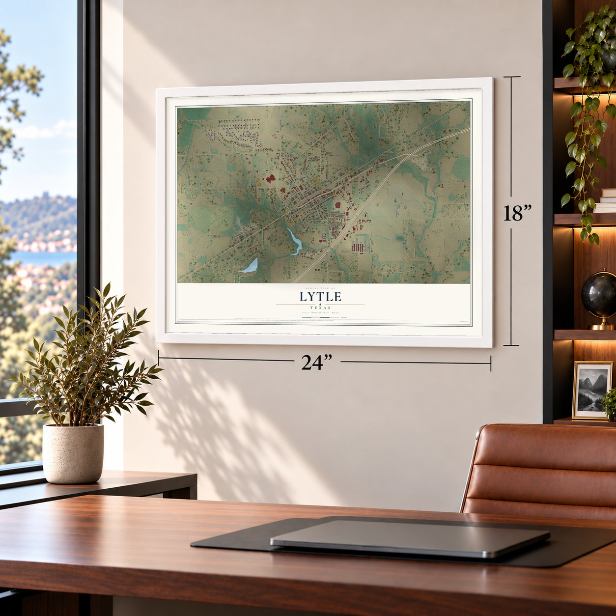 Lytle, Texas map, 18 x 24 inch print in a white frame in a home office