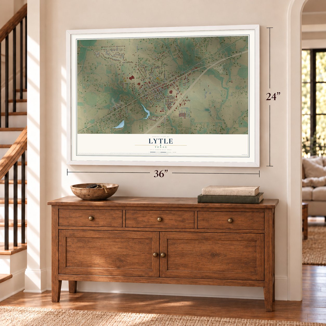 Lytle, Texas map, 24 x 36 inch print in a white frame above a dresser by a staircase