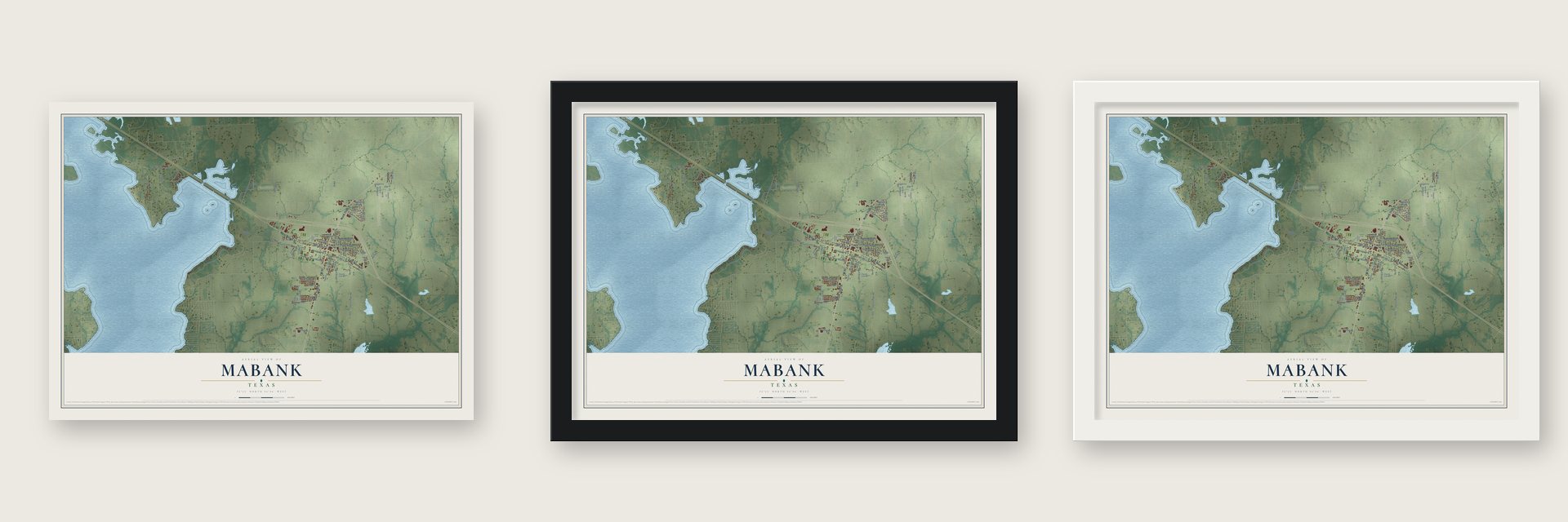 Mabank, Texas map unframed, in a black wood frame and in a white wood frame