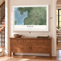 Mabank, Texas map, 24 x 36 inch print in a white frame above a dresser by a staircase