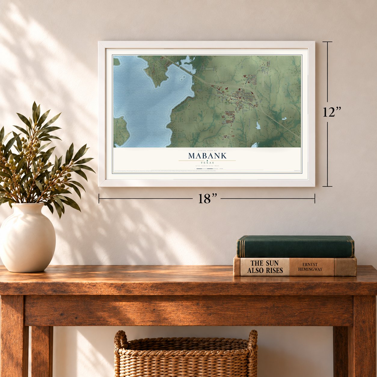 Mabank, Texas map, 12 x 18 inch print in a white frame in an entryway