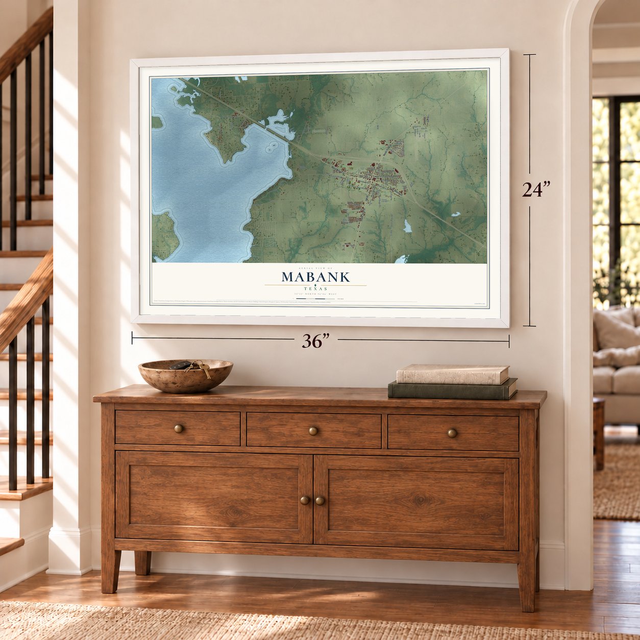 Mabank, Texas map, 24 x 36 inch print in a white frame above a dresser by a staircase