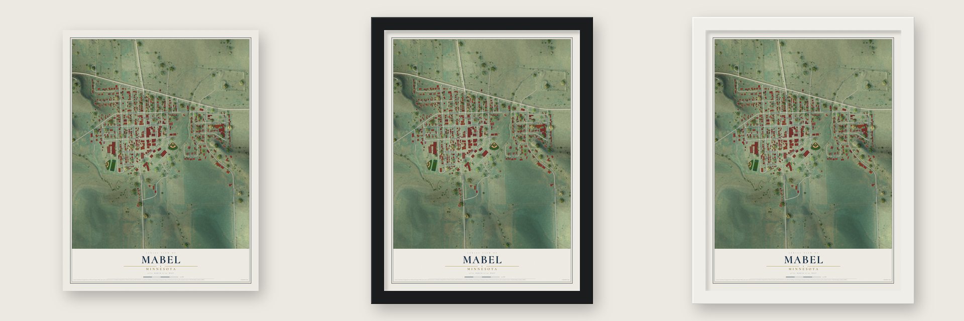 Mabel, Minnesota map unframed, in a black wood frame and in a white wood frame