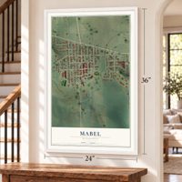 Mabel, Minnesota map, 24 x 36 inch print in a white frame by a staircase
