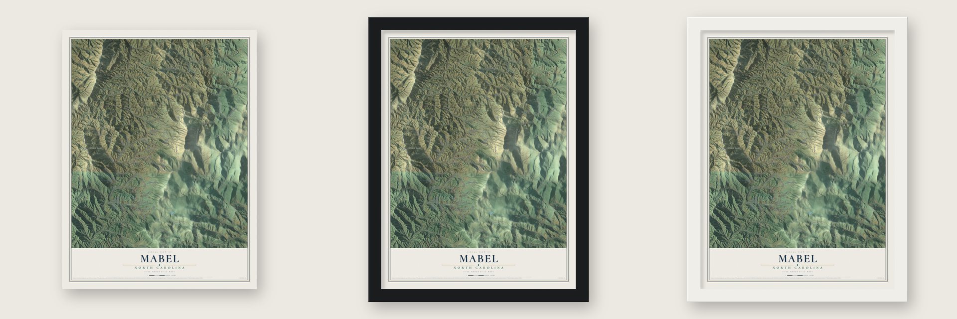Mabel, North Carolina map unframed, in a black wood frame and in a white wood frame