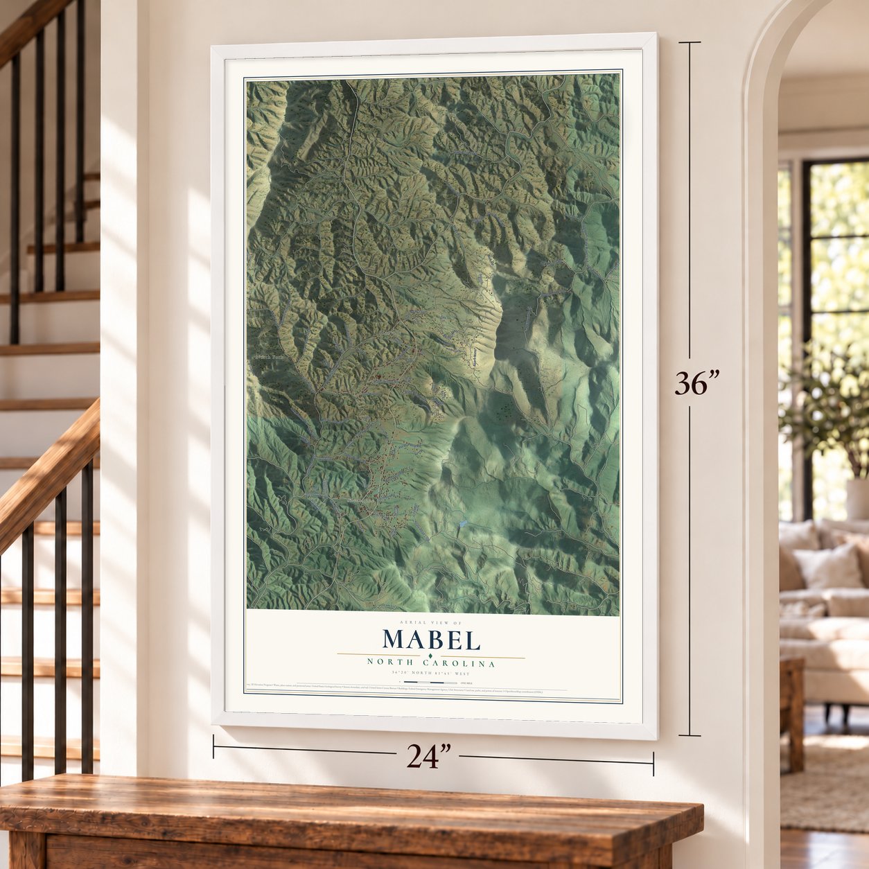 Mabel, North Carolina map, 24 x 36 inch print in a white frame by a staircase