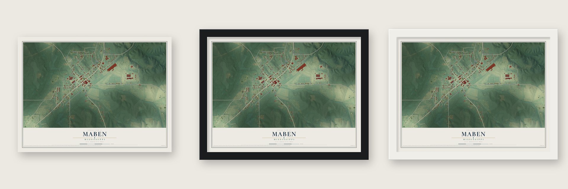 Maben, Mississippi map unframed, in a black wood frame and in a white wood frame