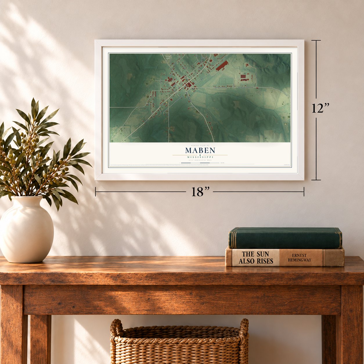Maben, Mississippi map, 12 x 18 inch print in a white frame in an entryway