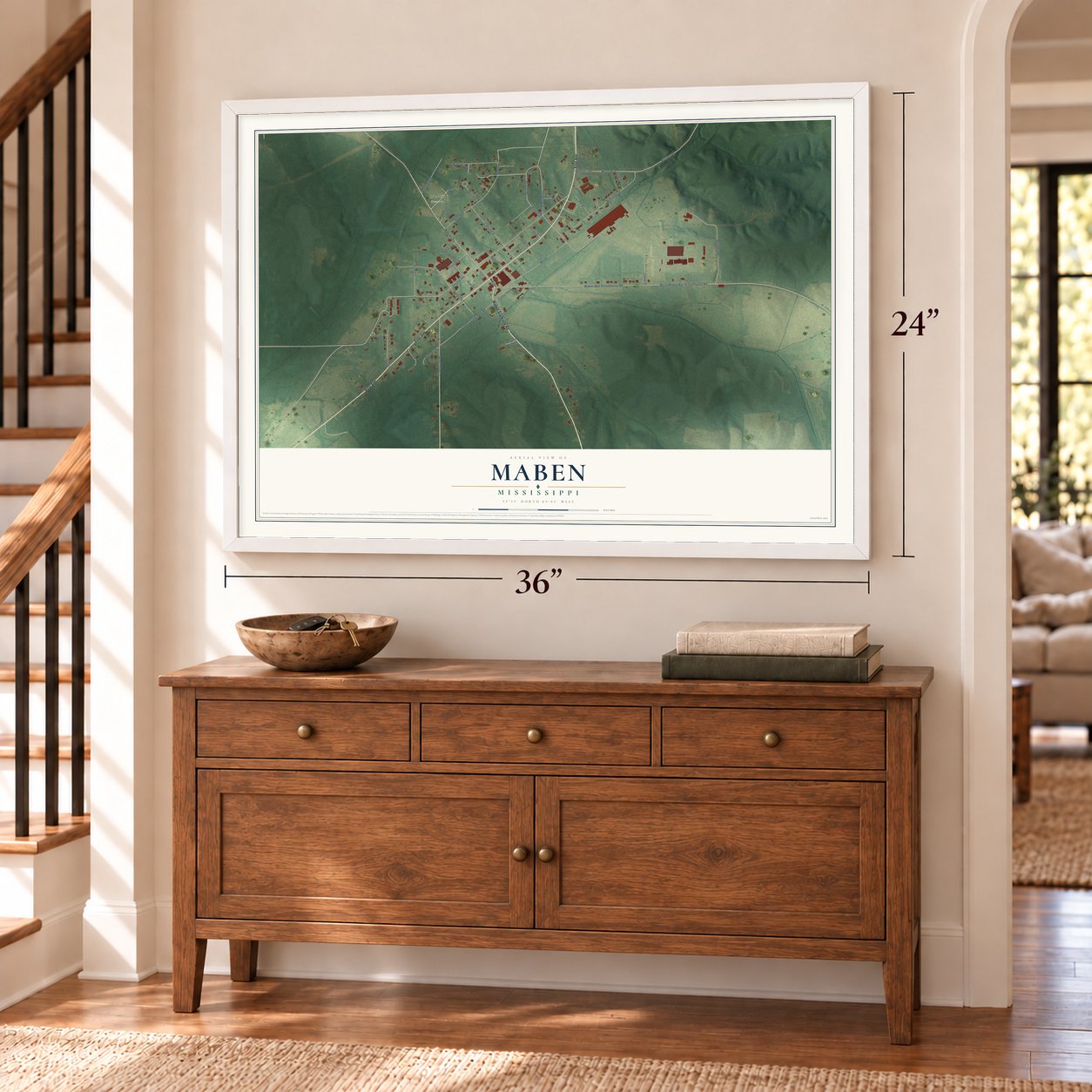 Maben, Mississippi map, 24 x 36 inch print in a white frame above a dresser by a staircase