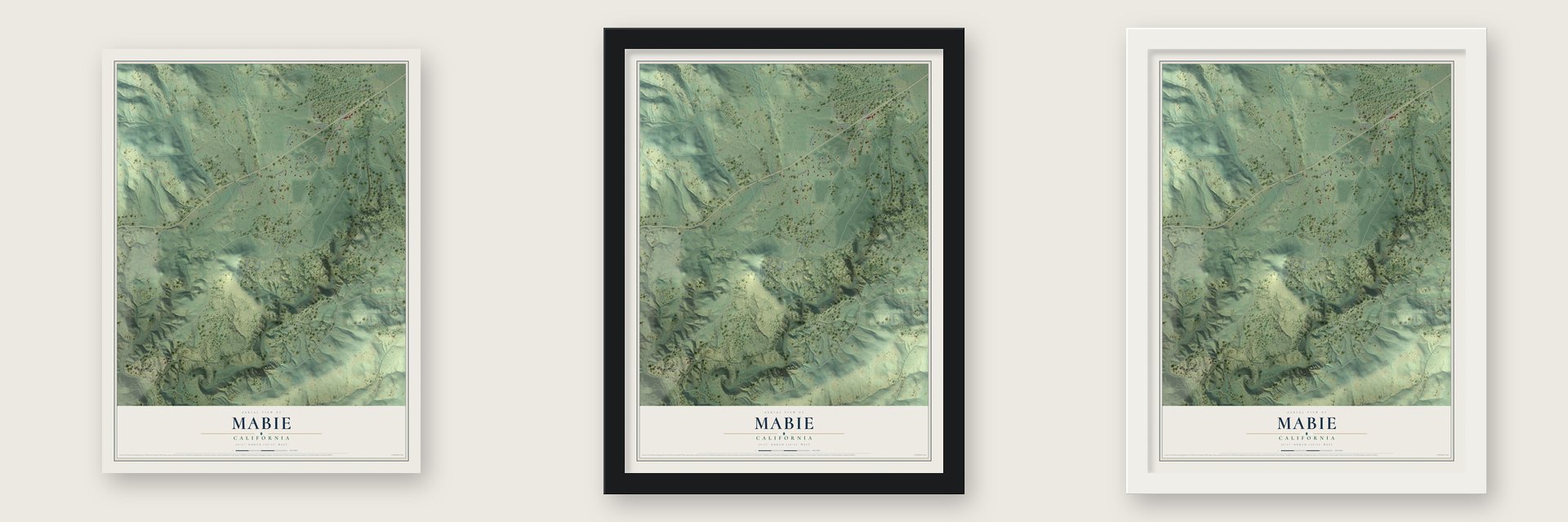 Mabie, California map unframed, in a black wood frame and in a white wood frame