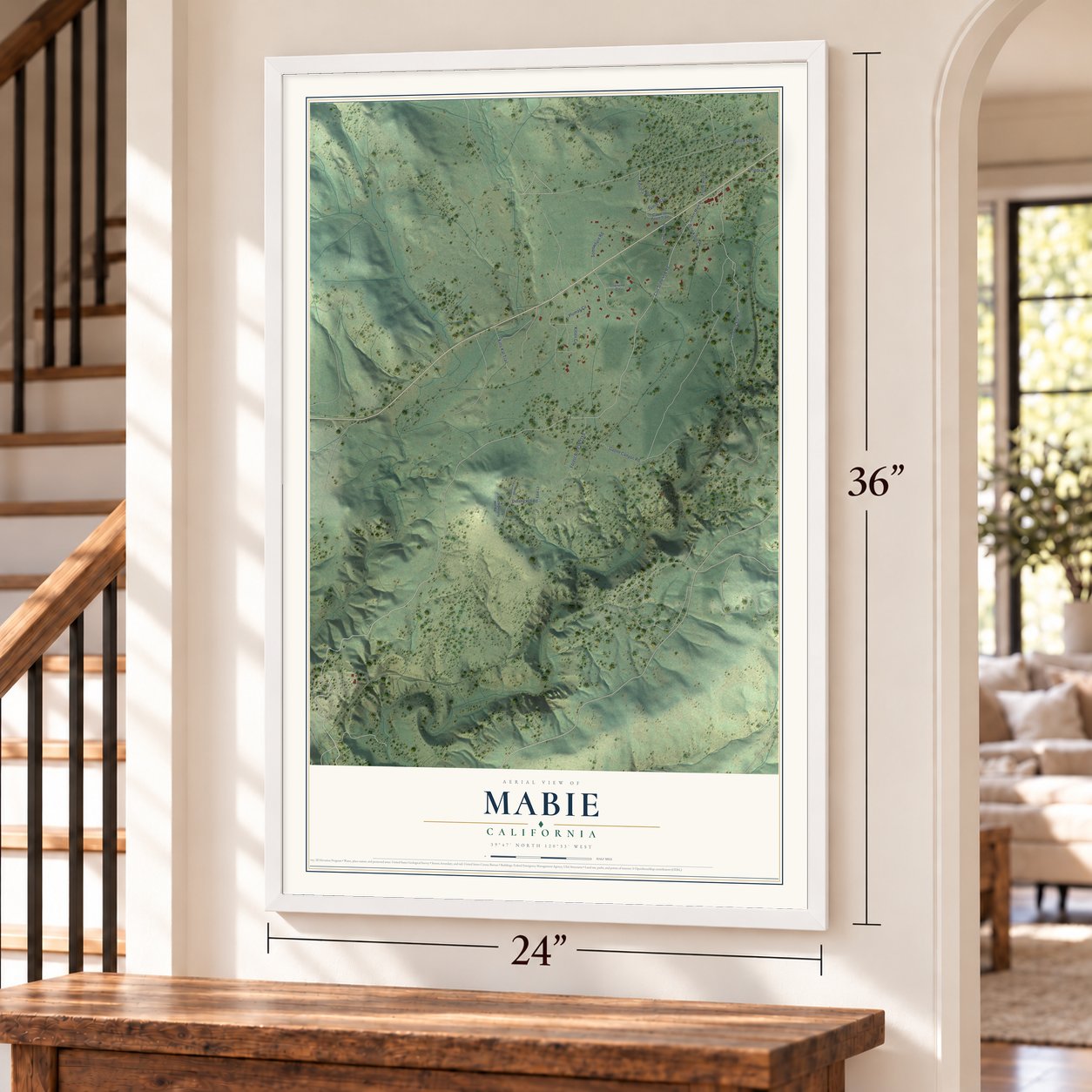Mabie, California map, 24 x 36 inch print in a white frame by a staircase