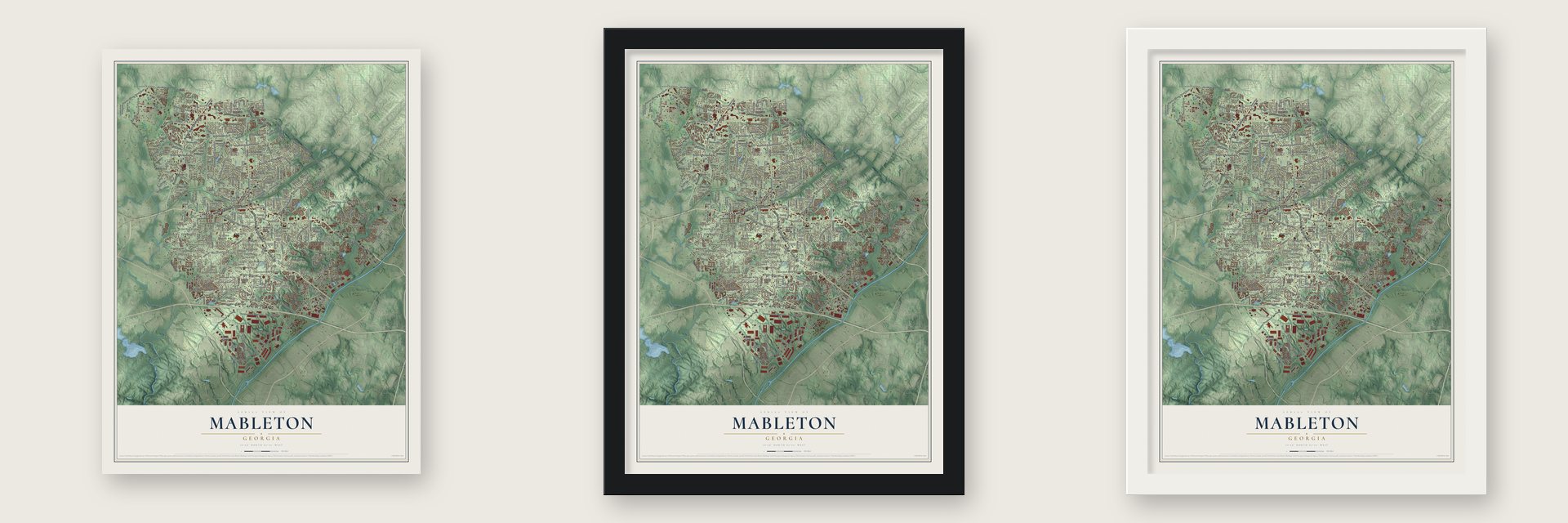 Mableton, Georgia map unframed, in a black wood frame and in a white wood frame