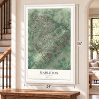 Mableton, Georgia map, 24 x 36 inch print in a white frame by a staircase