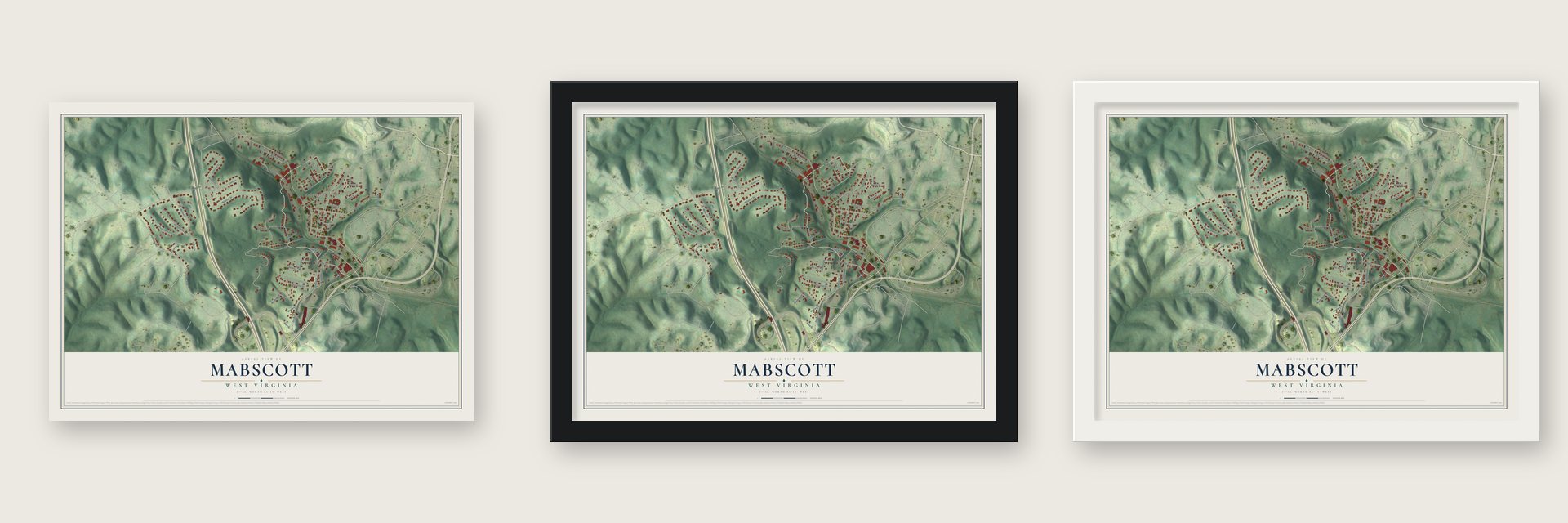 Mabscott, West Virginia map unframed, in a black wood frame and in a white wood frame