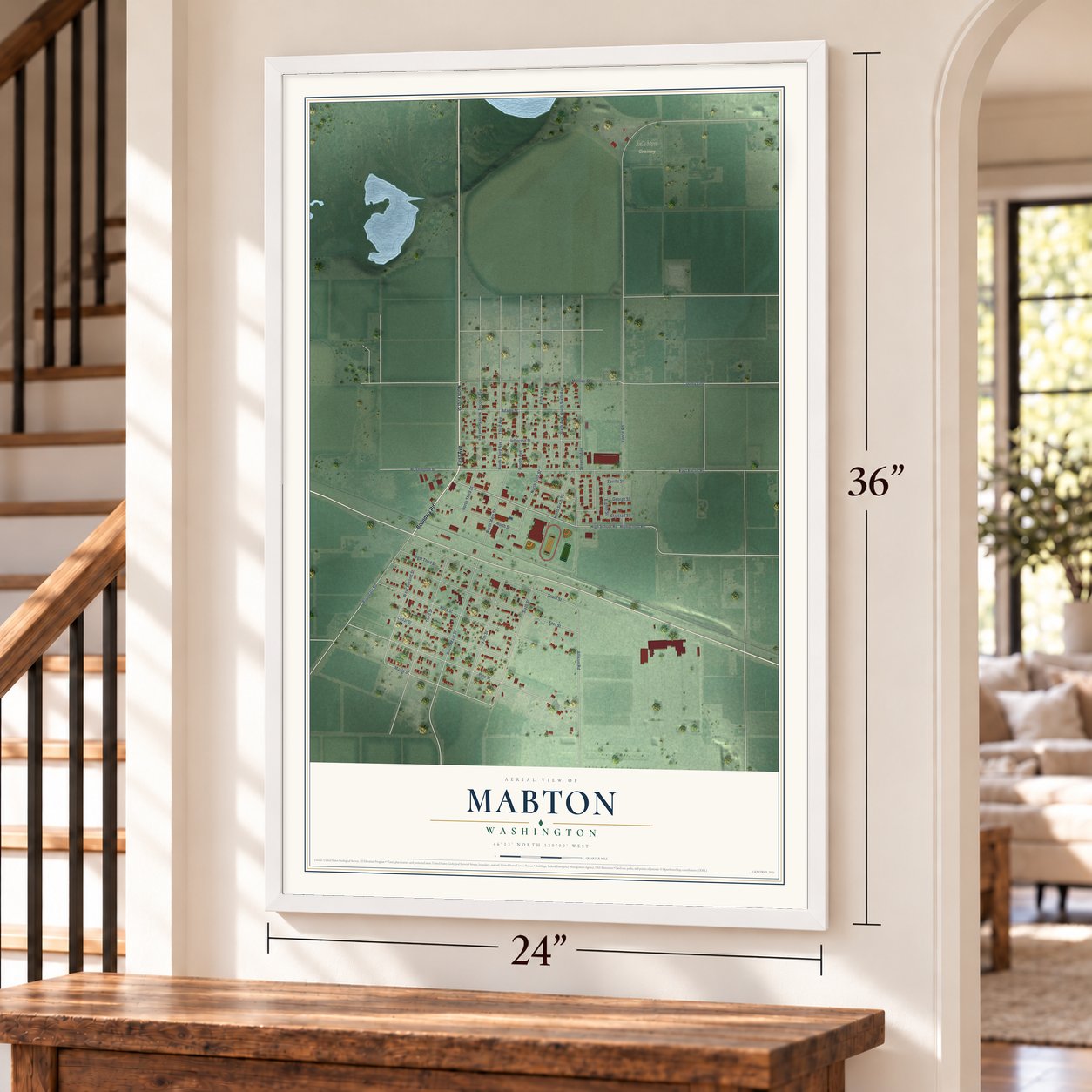 Mabton, Washington map, 24 x 36 inch print in a white frame by a staircase