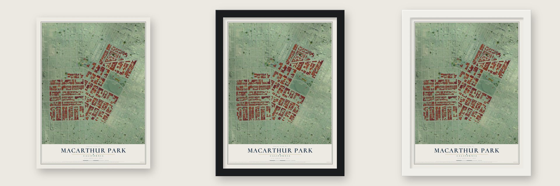 MacArthur Park, California map unframed, in a black wood frame and in a white wood frame