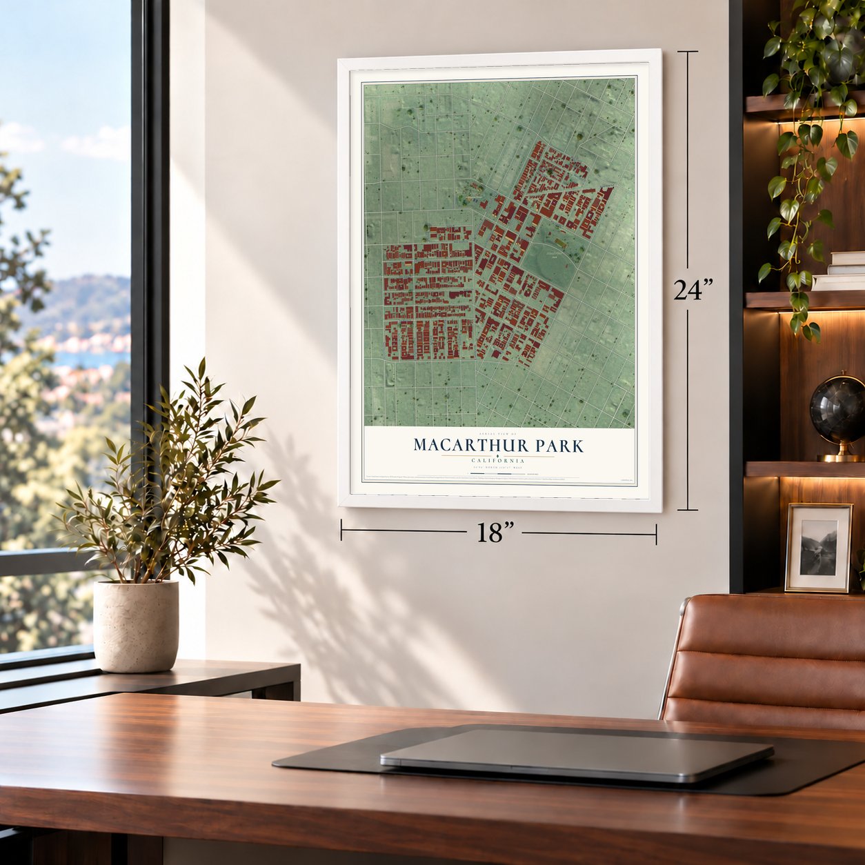 MacArthur Park, California map, 18 x 24 inch print in a white frame in a home office