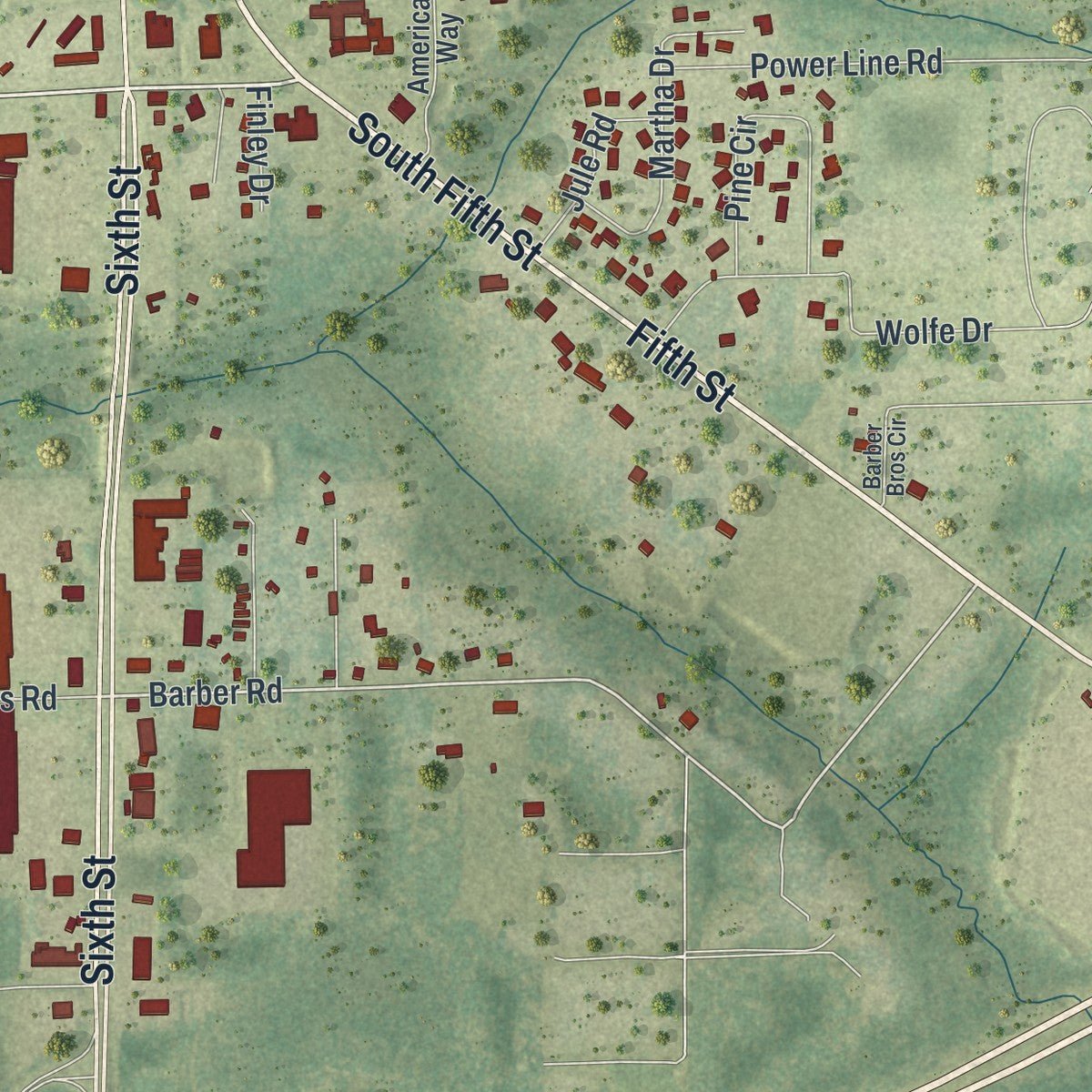 Second close-up of the map of Macclenny, Florida print showing more streets and buildings