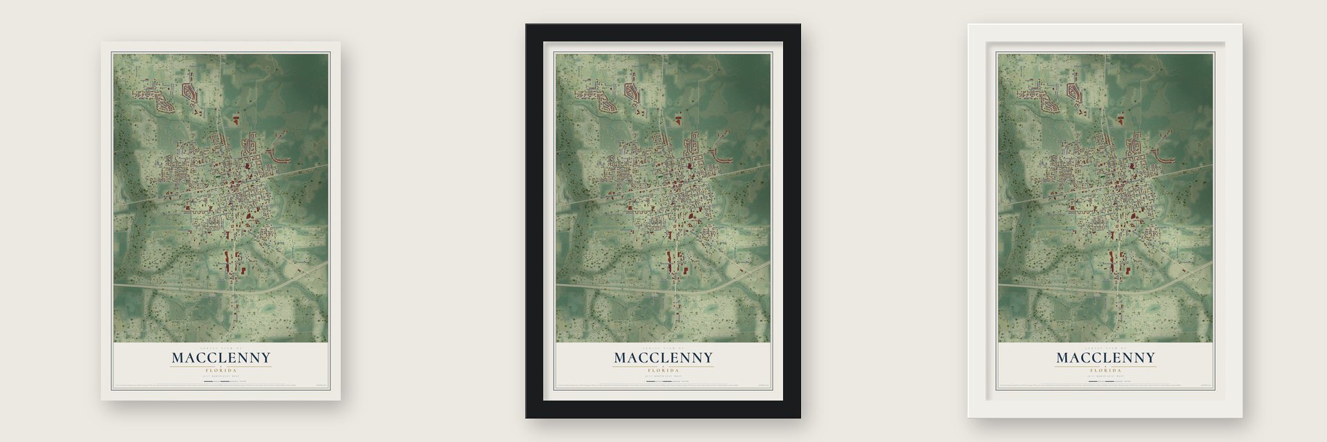 Macclenny, Florida map unframed, in a black wood frame and in a white wood frame