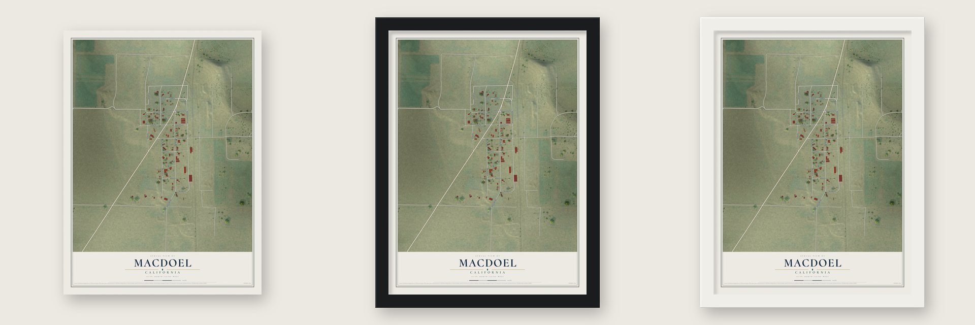 Macdoel, California map unframed, in a black wood frame and in a white wood frame