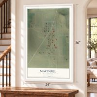 Macdoel, California map, 24 x 36 inch print in a white frame by a staircase