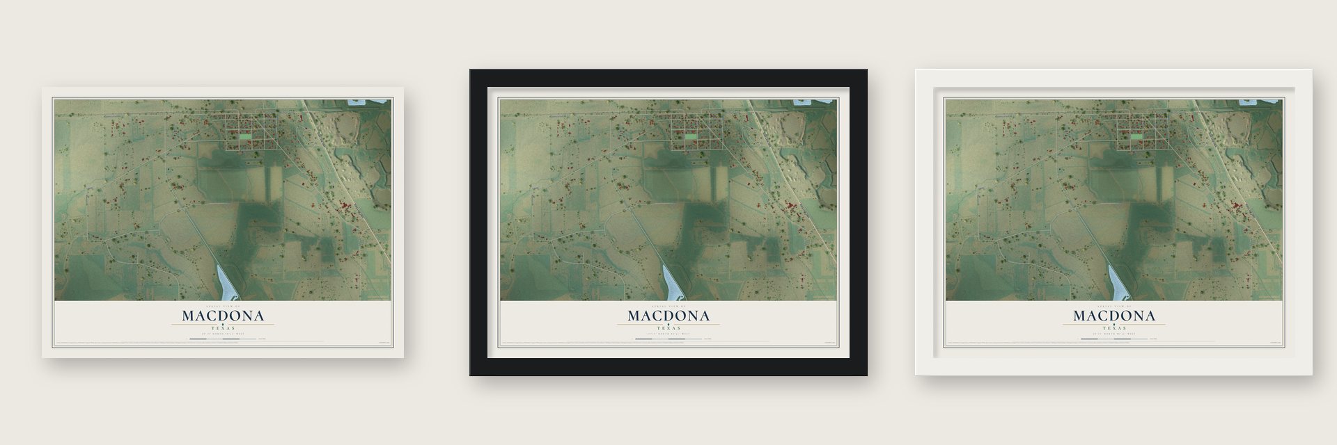 Macdona, Texas map unframed, in a black wood frame and in a white wood frame