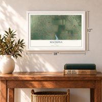 Macdona, Texas map, 12 x 18 inch print in a white frame in an entryway