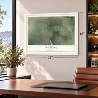 Macdona, Texas map, 18 x 24 inch print in a white frame in a home office