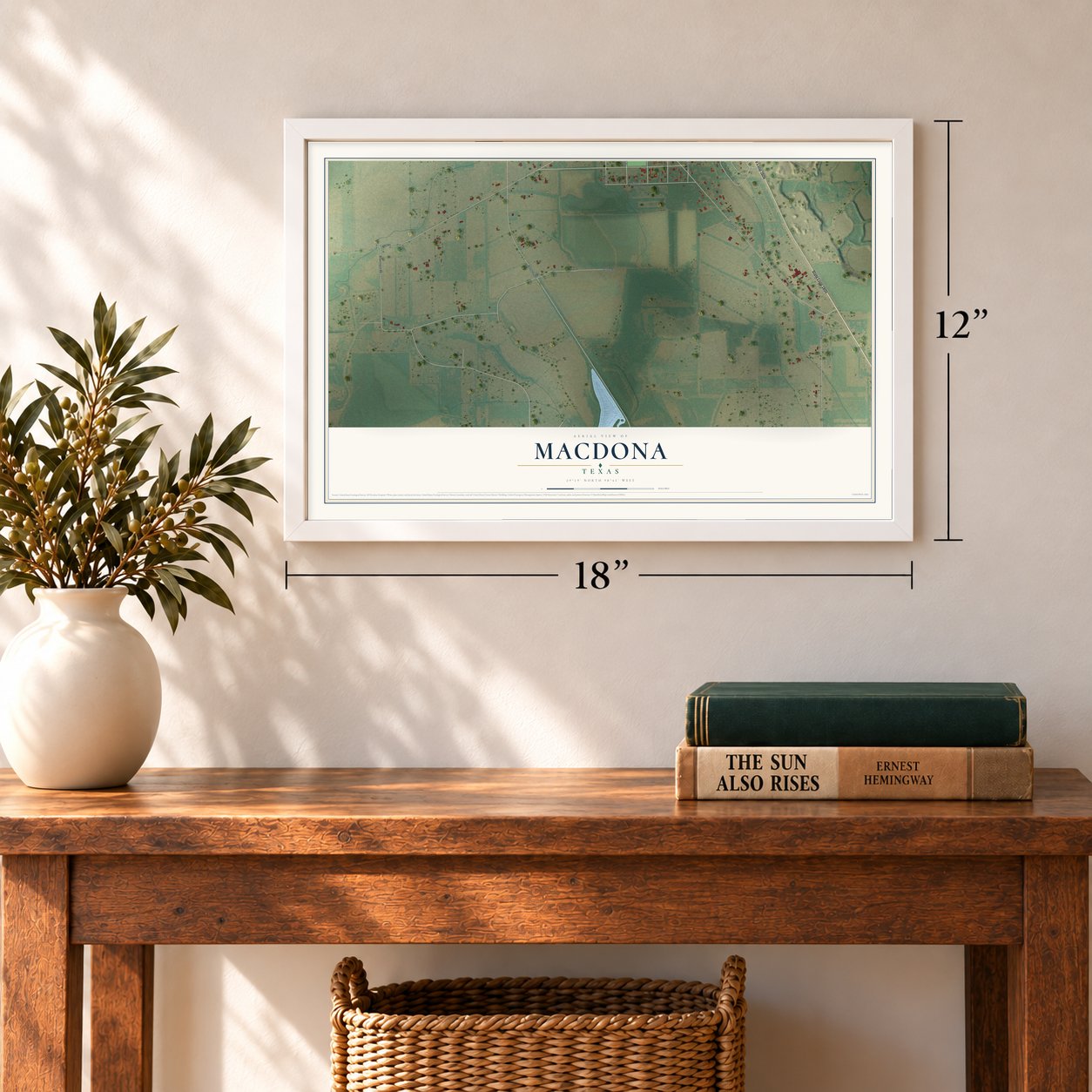 Macdona, Texas map, 12 x 18 inch print in a white frame in an entryway