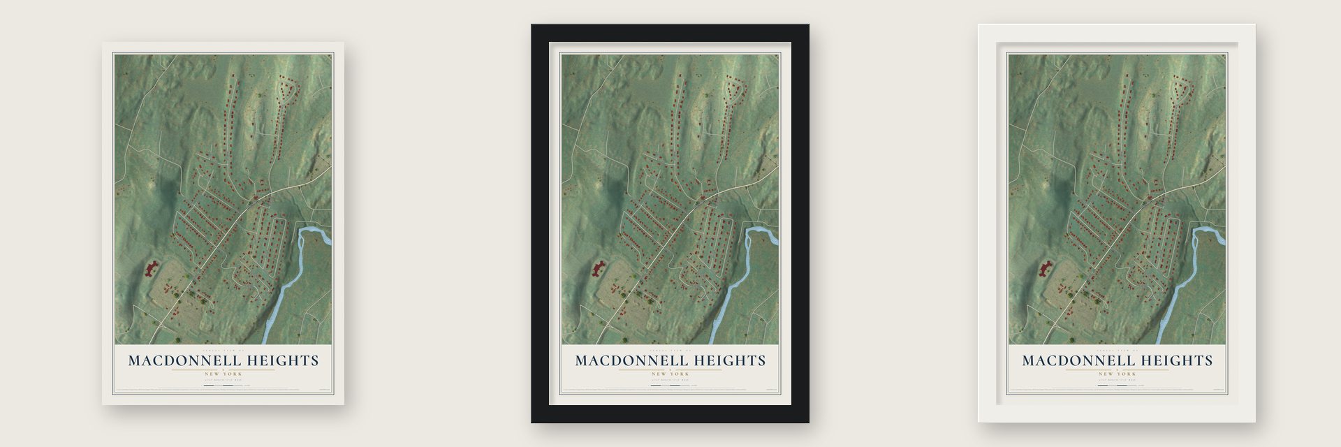 MacDonnell Heights, New York map unframed, in a black wood frame and in a white wood frame