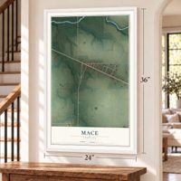 Mace, Indiana map, 24 x 36 inch print in a white frame by a staircase