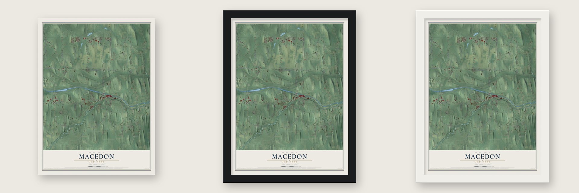 Macedon, New York map unframed, in a black wood frame and in a white wood frame