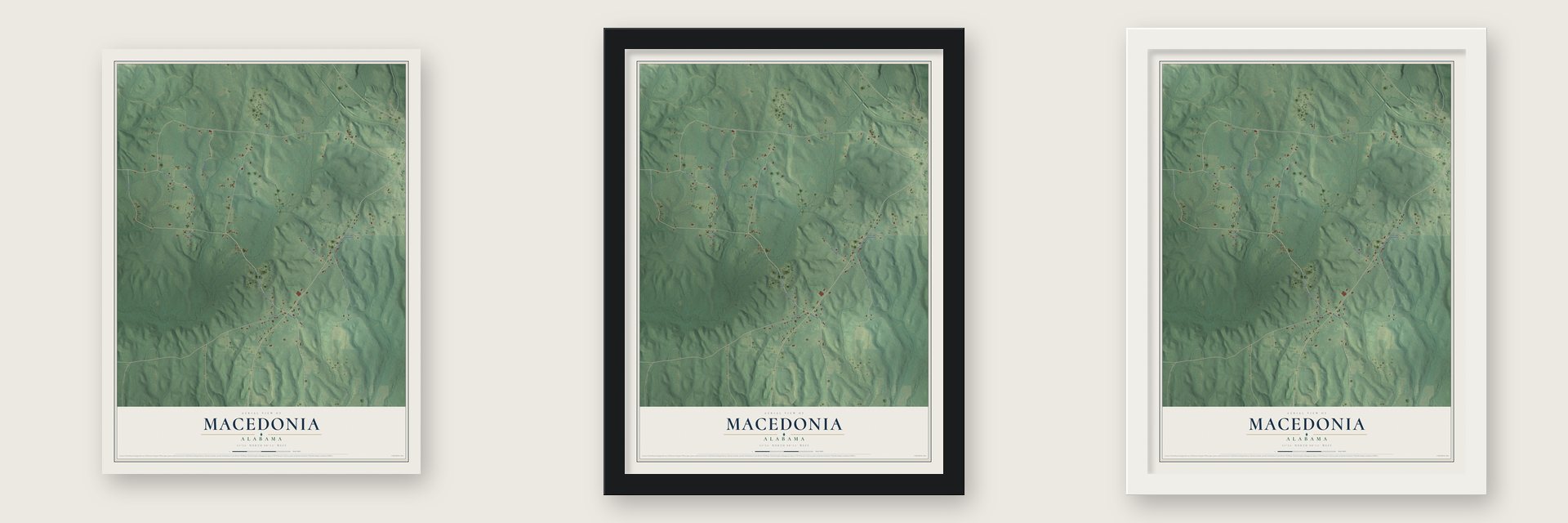 Macedonia, Alabama map unframed, in a black wood frame and in a white wood frame