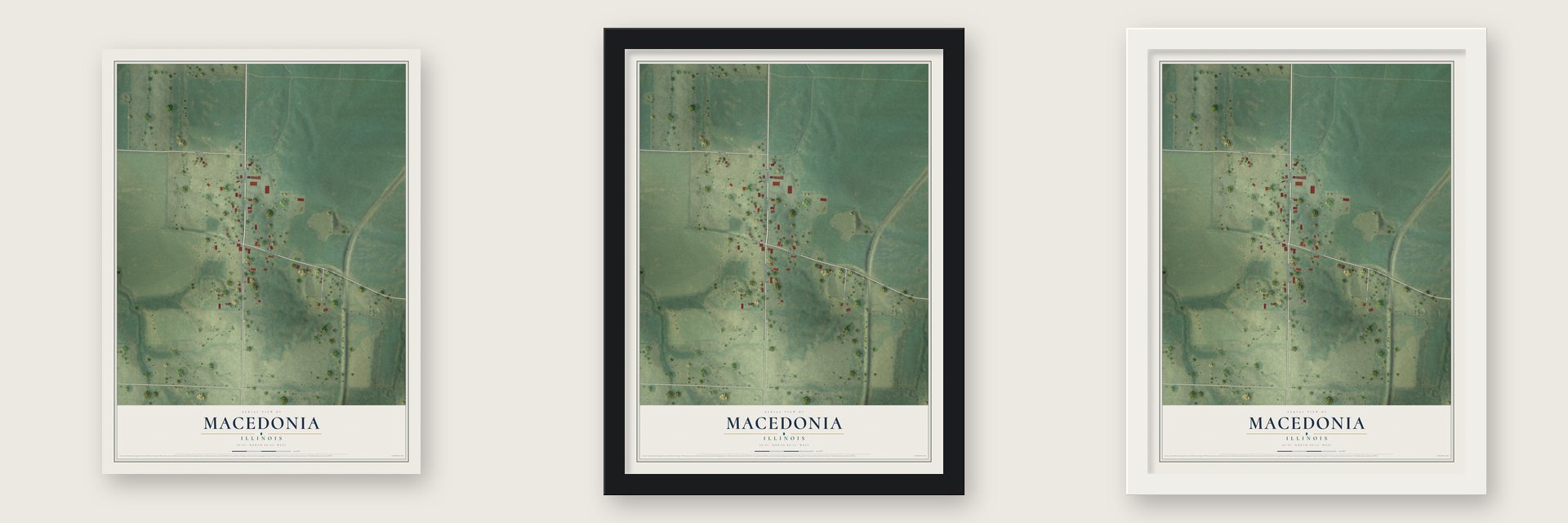 Macedonia, Illinois map unframed, in a black wood frame and in a white wood frame