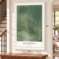 Macedonia, Illinois map, 24 x 36 inch print in a white frame by a staircase