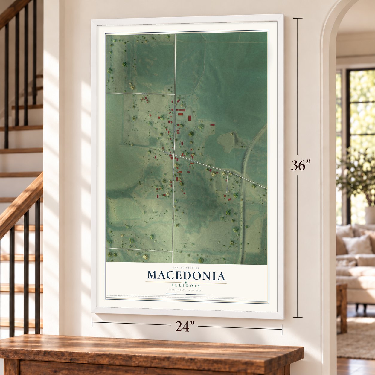Macedonia, Illinois map, 24 x 36 inch print in a white frame by a staircase