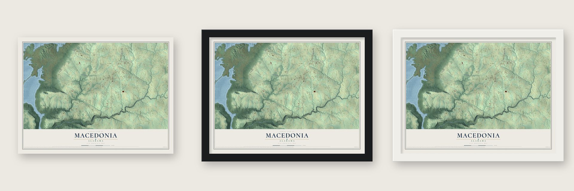 Macedonia, Jackson County, Alabama map unframed, in a black wood frame and in a white wood frame