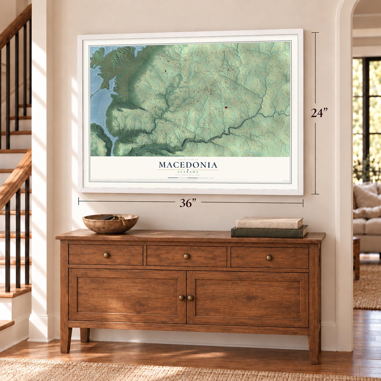 Macedonia, Jackson County, Alabama map, 24 x 36 inch print in a white frame above a dresser by a staircase