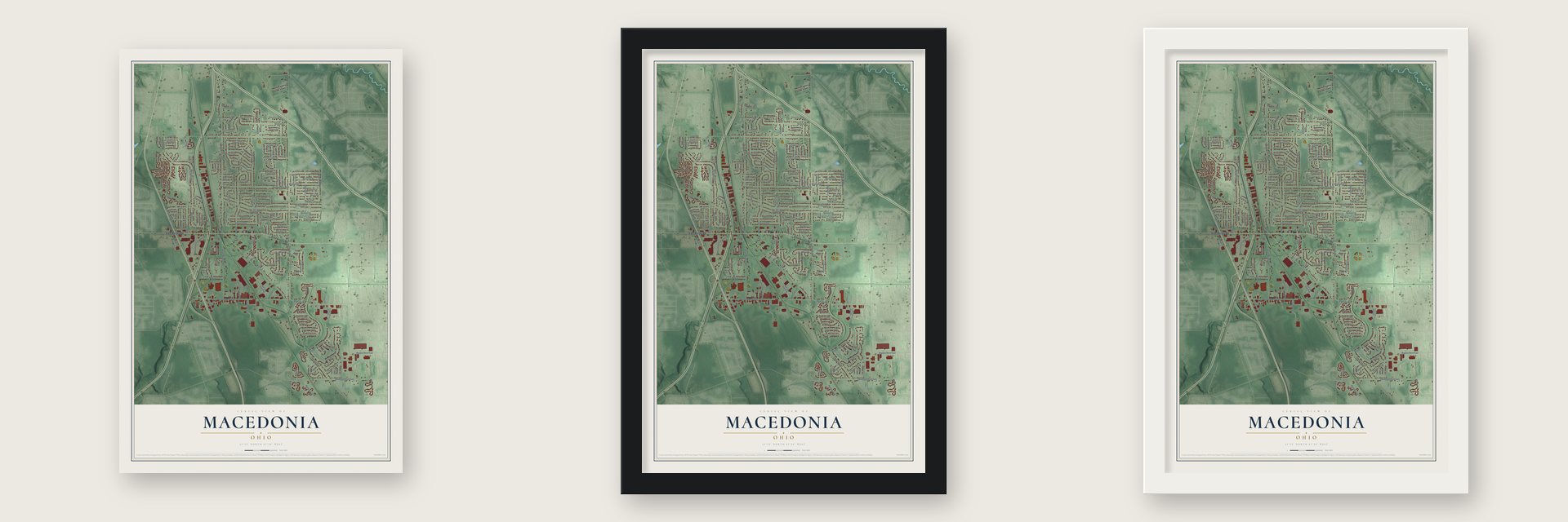Macedonia, Ohio map unframed, in a black wood frame and in a white wood frame