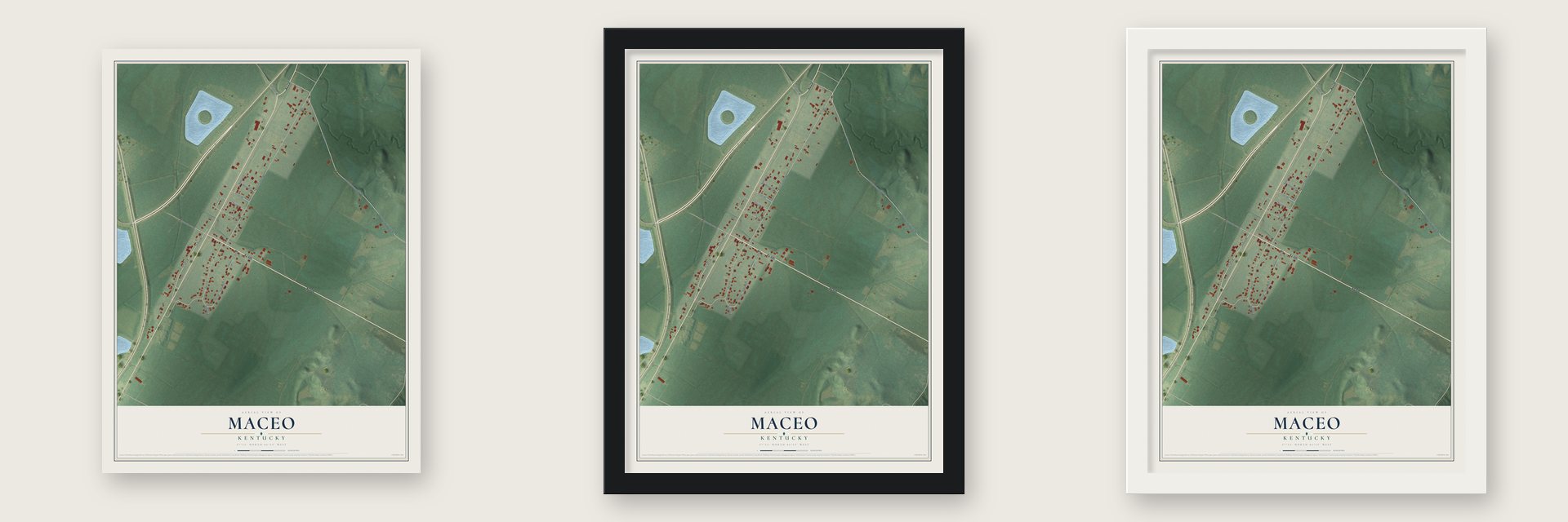 Maceo, Kentucky map unframed, in a black wood frame and in a white wood frame