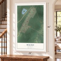Maceo, Kentucky map, 24 x 36 inch print in a white frame by a staircase